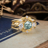 Natural Inspiration Luxury Botanical Hexagon Cut Moss Agate Engagement Ring Suite